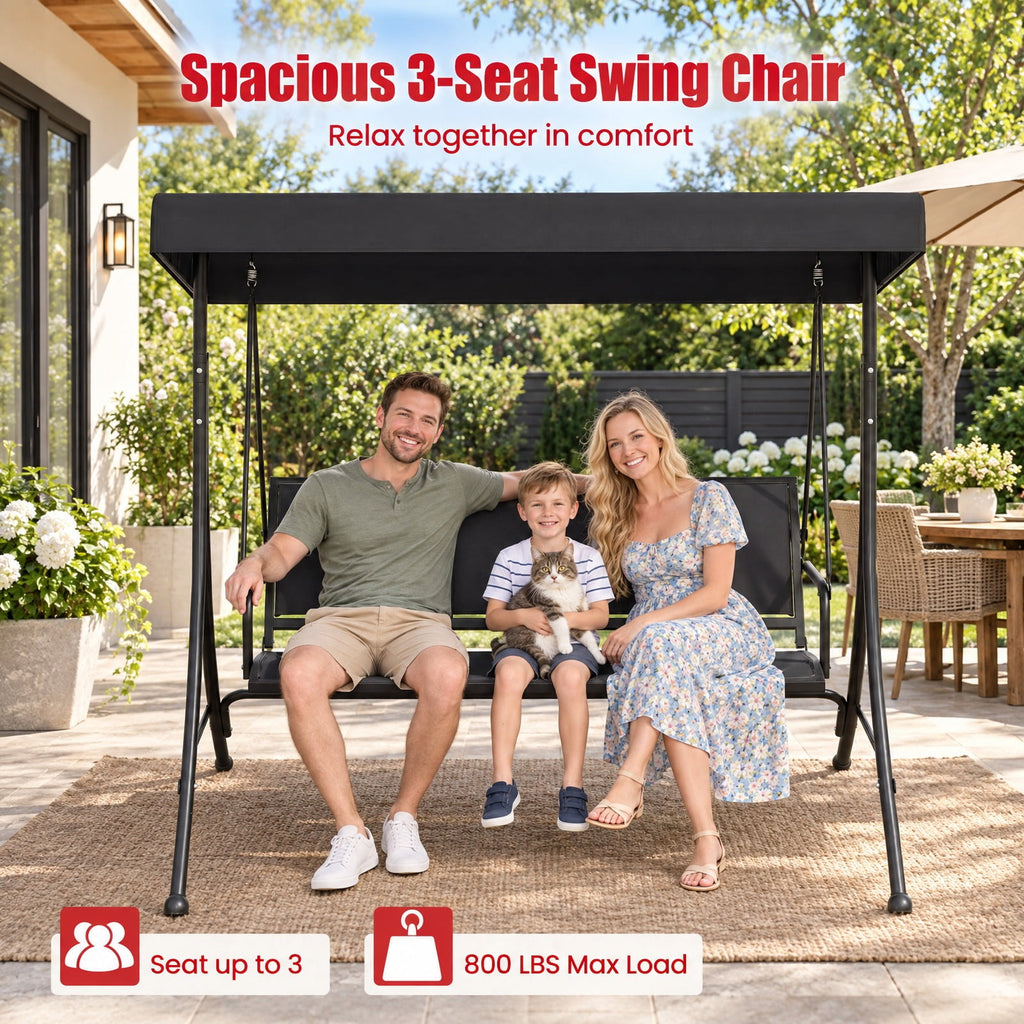Airfind 3-Seat Patio Swing Chair with Adjustable Canopy, 800 lbs Capacity, Metal Frame, 75 Inch x 48 Inch x 67 Inch Footprint, Black