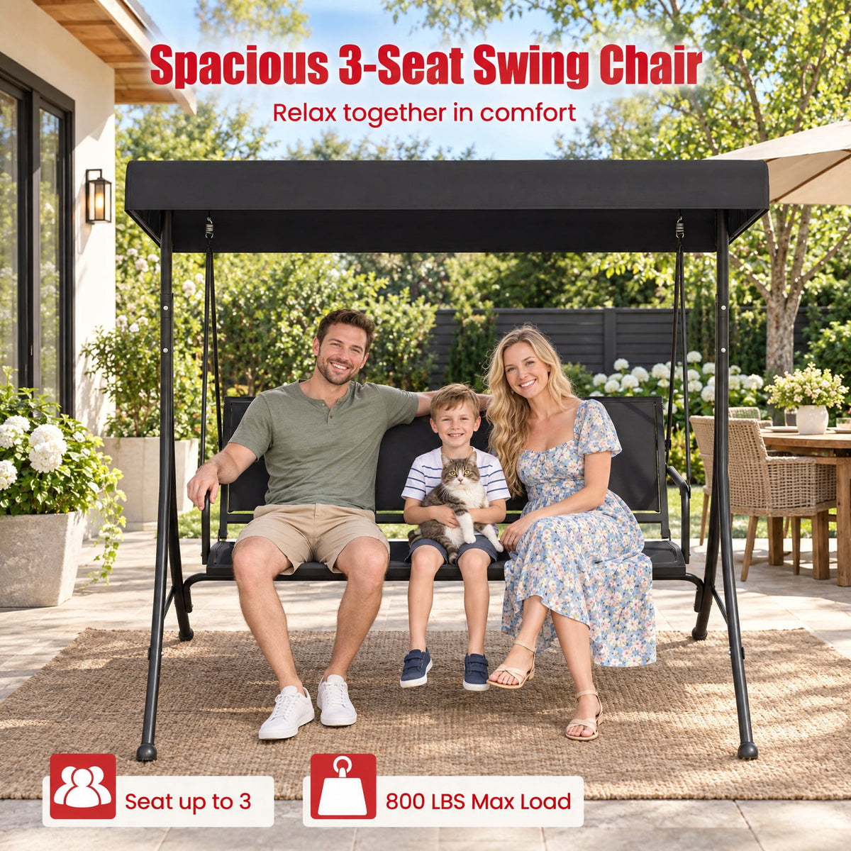 Airfind 3-Seat Patio Swing Chair with Adjustable Canopy, 800 lbs Capacity, Metal Frame, 75 Inch x 48 Inch x 67 Inch Footprint, Black