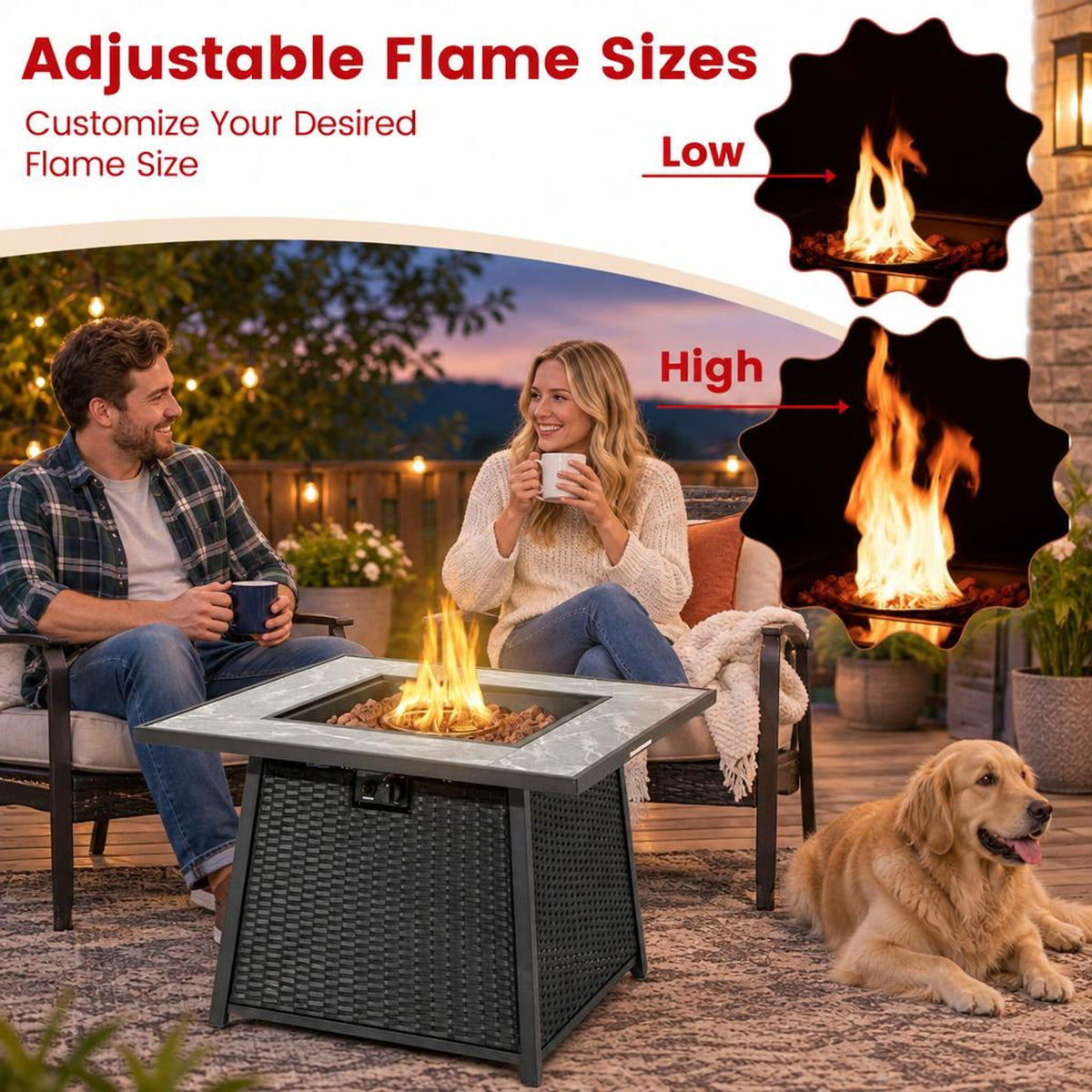 Airfind 35 Inch Propane Gas Fire Pit Table Wicker Rattan with Lava Rocks PVC Cover, 330 lbs Capacity, Steel stainless steel marble PE rattan Frame