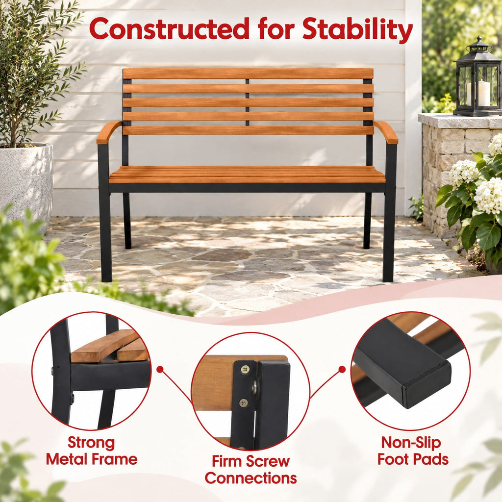 Airfind Outdoor Bench Acacia Wood Patio Loveseat with Backrest Armrests, 800 lbs Capacity, Acacia Wood Metal Frame, 47 × 23 × 34 Footprint, Wood