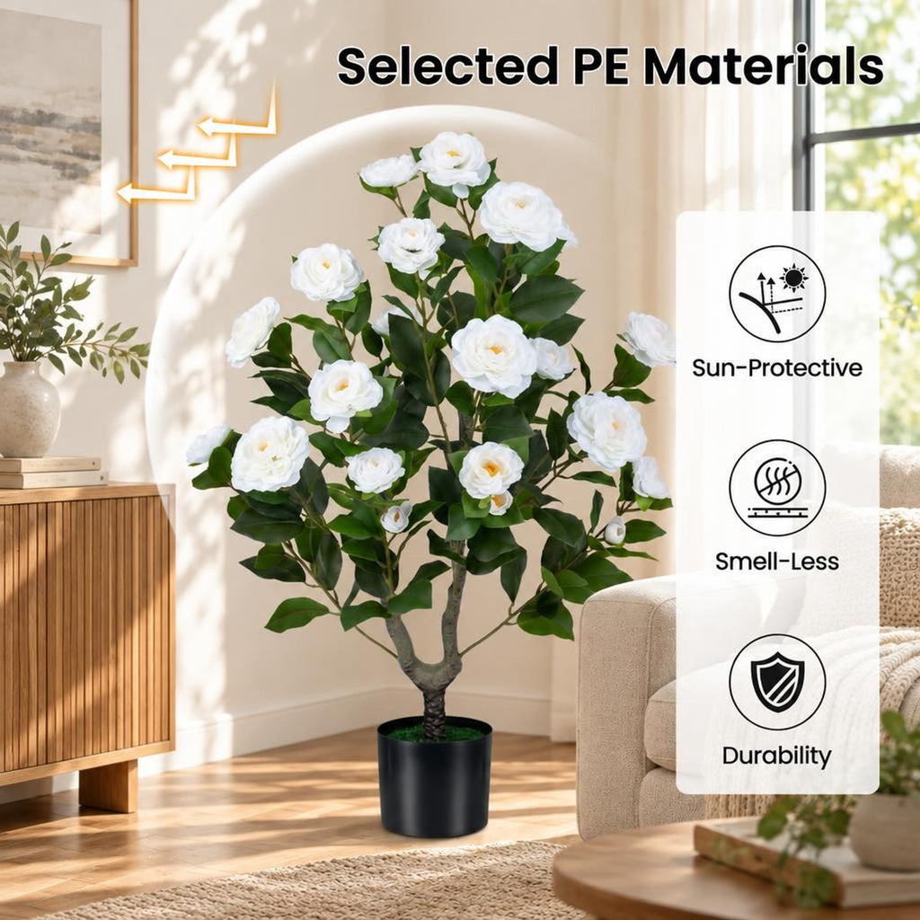 AIRFIND Artificial Camellia Tree, 35.5 in Faux Flower Plant with 24 Blossoms, 174 Leaves and Cement-Filled Pot for Home Decor, White