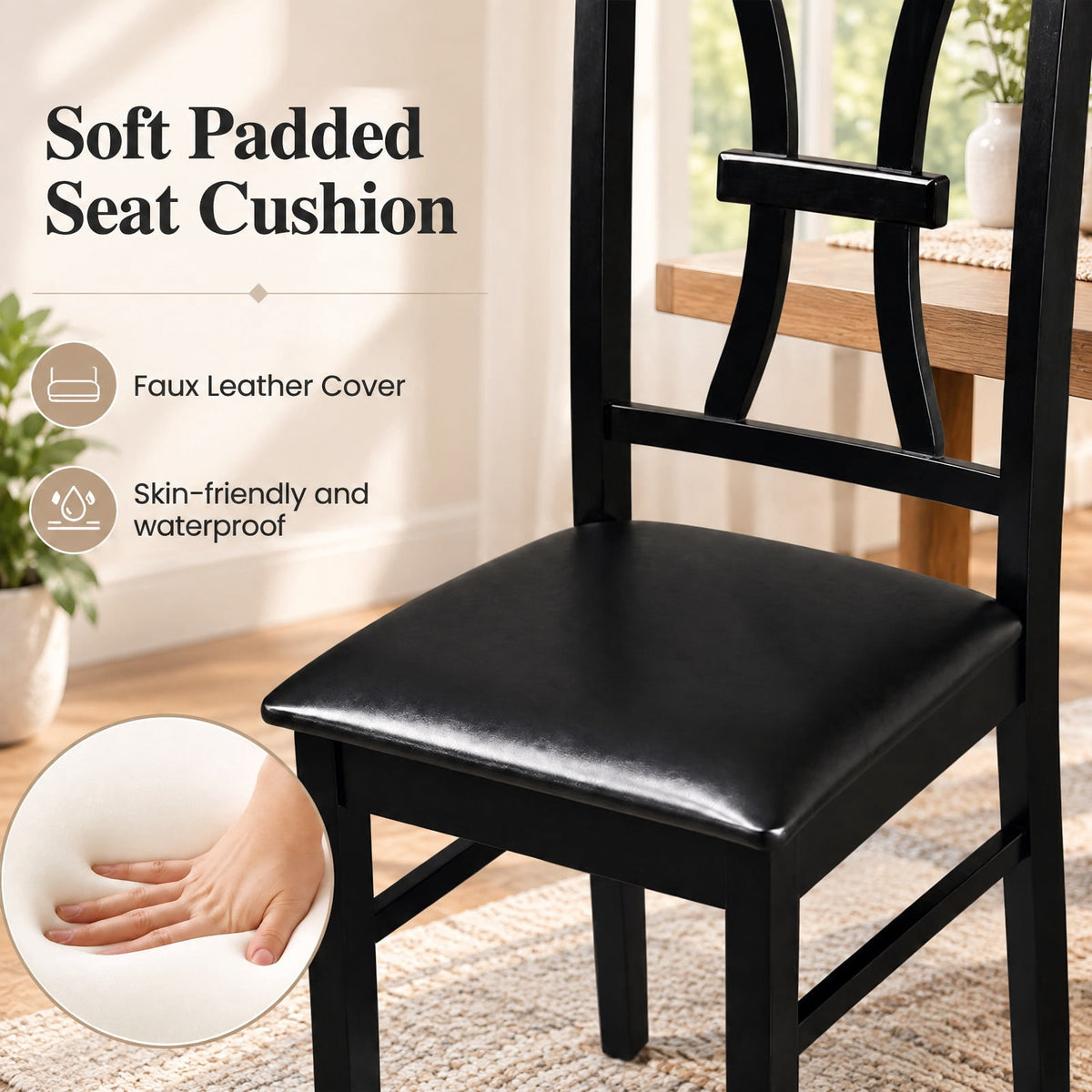Airfind Wooden Dining Chairs Set of 2 with Faux Leather Padded Seat for Kitchen, 400 lbs Capacity, Rubber Wood Frame, Black