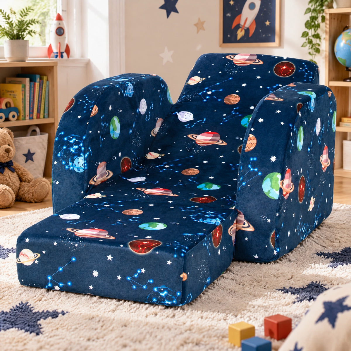 Airfind 3-in-1 Convertible Kid Sofa Bed Flip-Out Chair Lounger for Toddler, 66 lbs Capacity, Velvet fabric sponge Fully expanded Frame, Blue