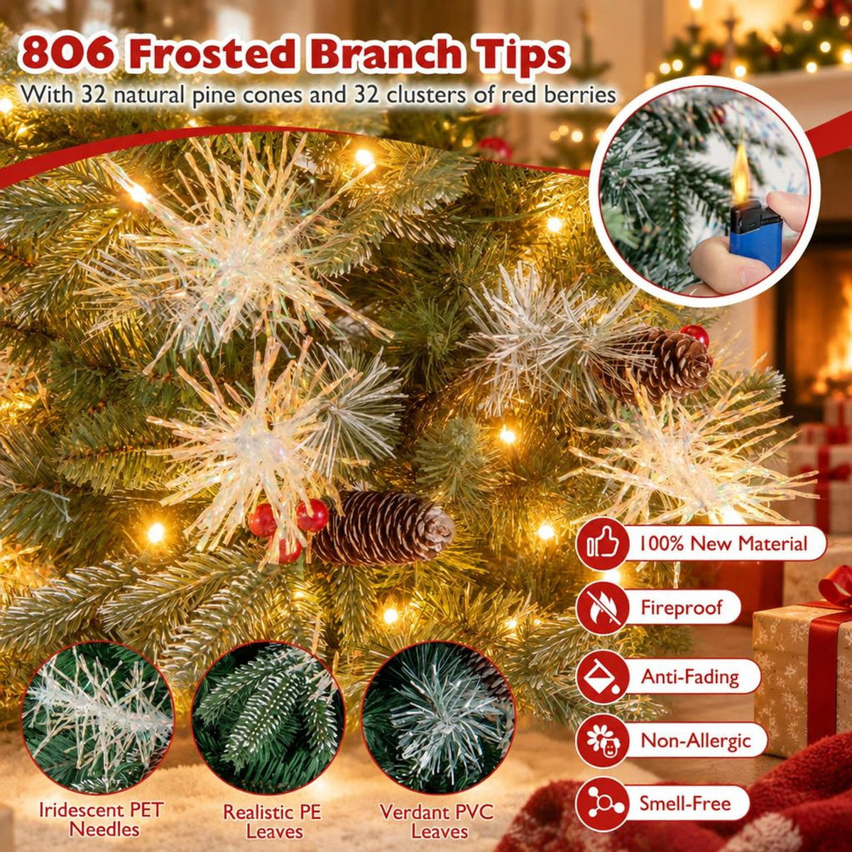 Airfind 6 Feet Pre-Lit Artificial Christmas Tree with 8 Modes LED Lights with Berries, PVC PE PET Metal 5 Feet Frame, 3 x 5 ft Footprint, Green