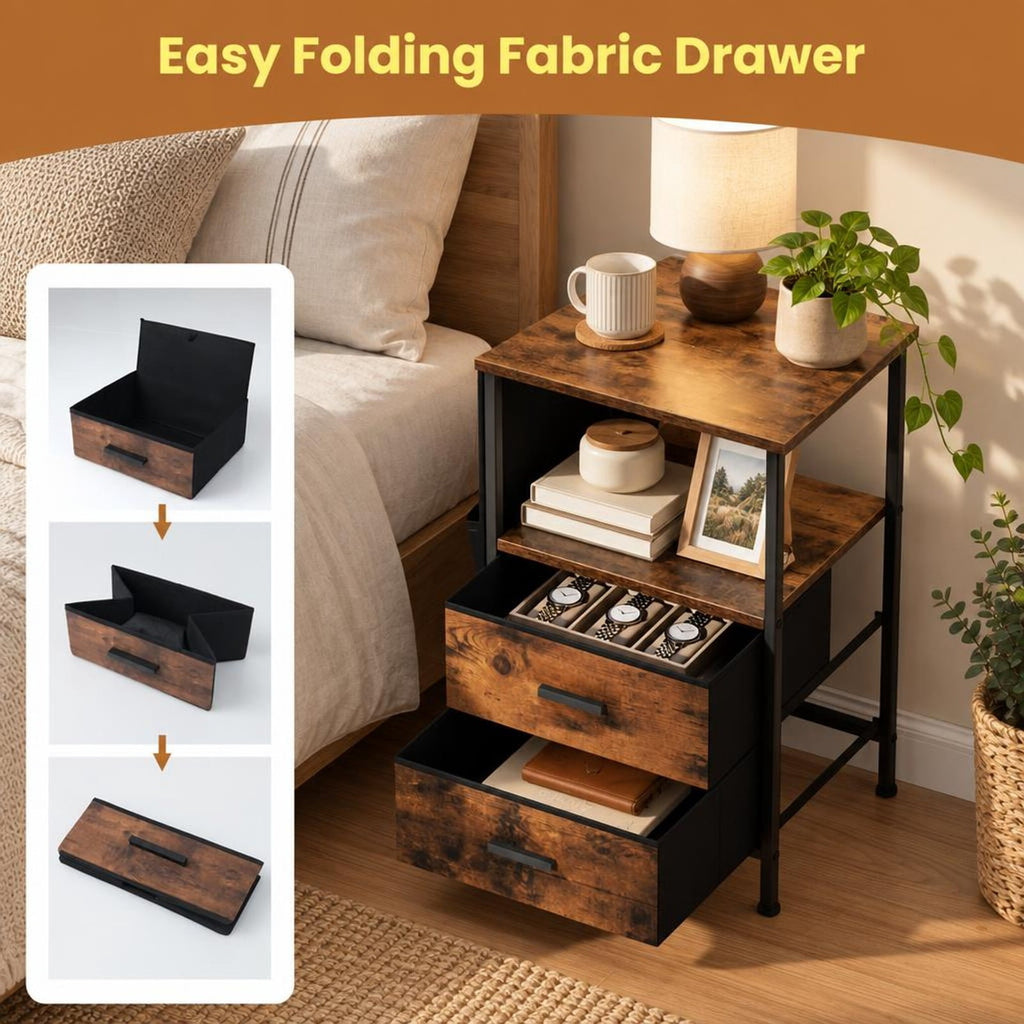Airfind End Table with Charging Station Set of 2 Nightstand with 2 Folding Fabric Drawers, 110 lbs Capacity, Rustic Brown + Black