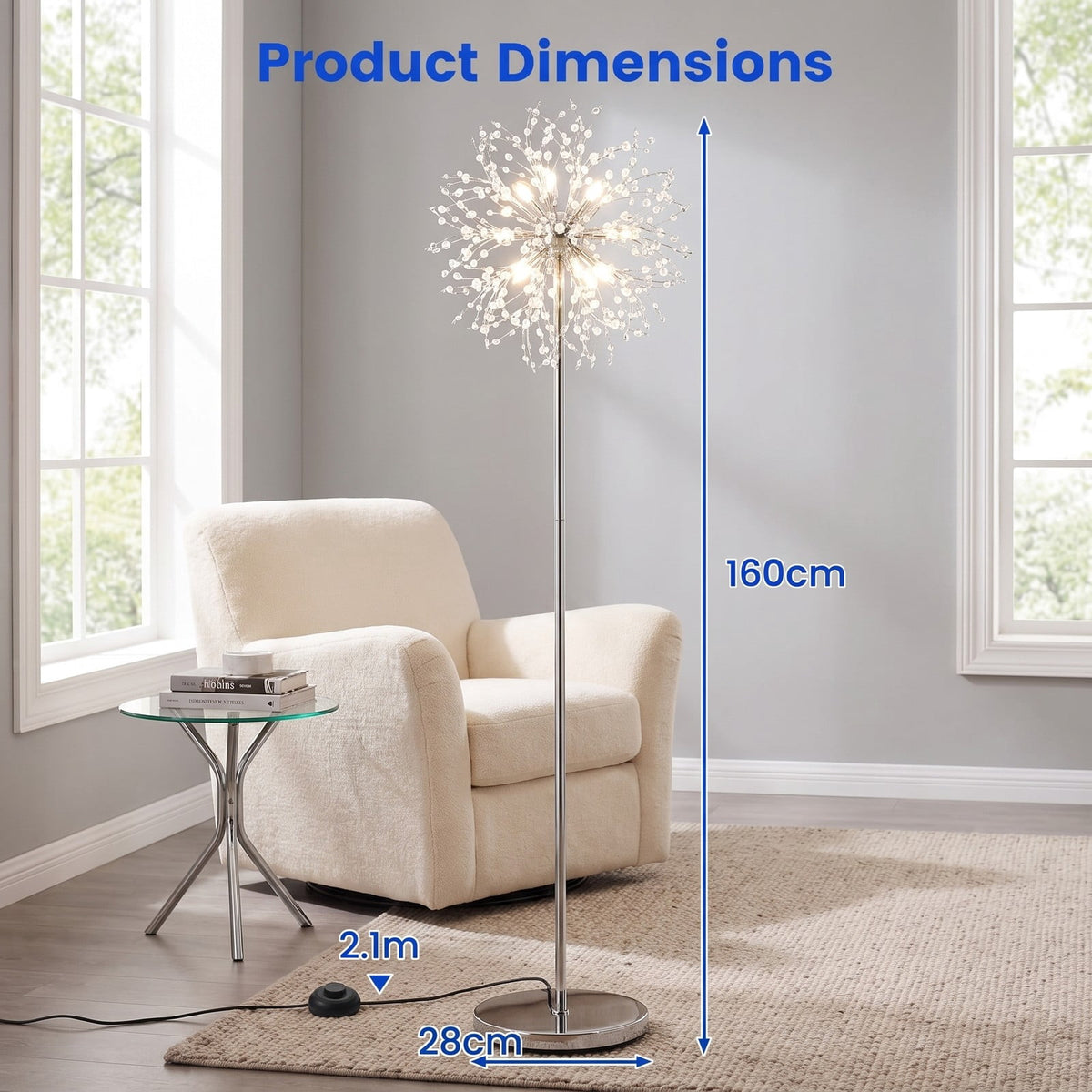 Airfind 63-Inch Crystal Floor Lamp with Acrylic Crystals, Metal Acrylic Stainless Steel Frame, 11in x 63in Cord Length 6.9 ft Footprint, Gold