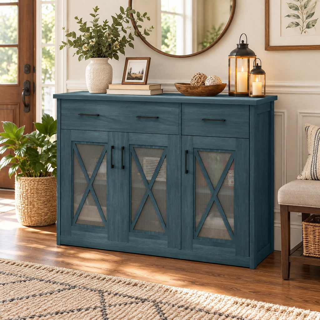 Airfind Farmhouse Buffet Sideboard 3-Door Kitchen Storage Cabinet featuring 2 Drawers, Top 132 lbs Total Capacity, Engineered Wood PC Frame, Turquoise