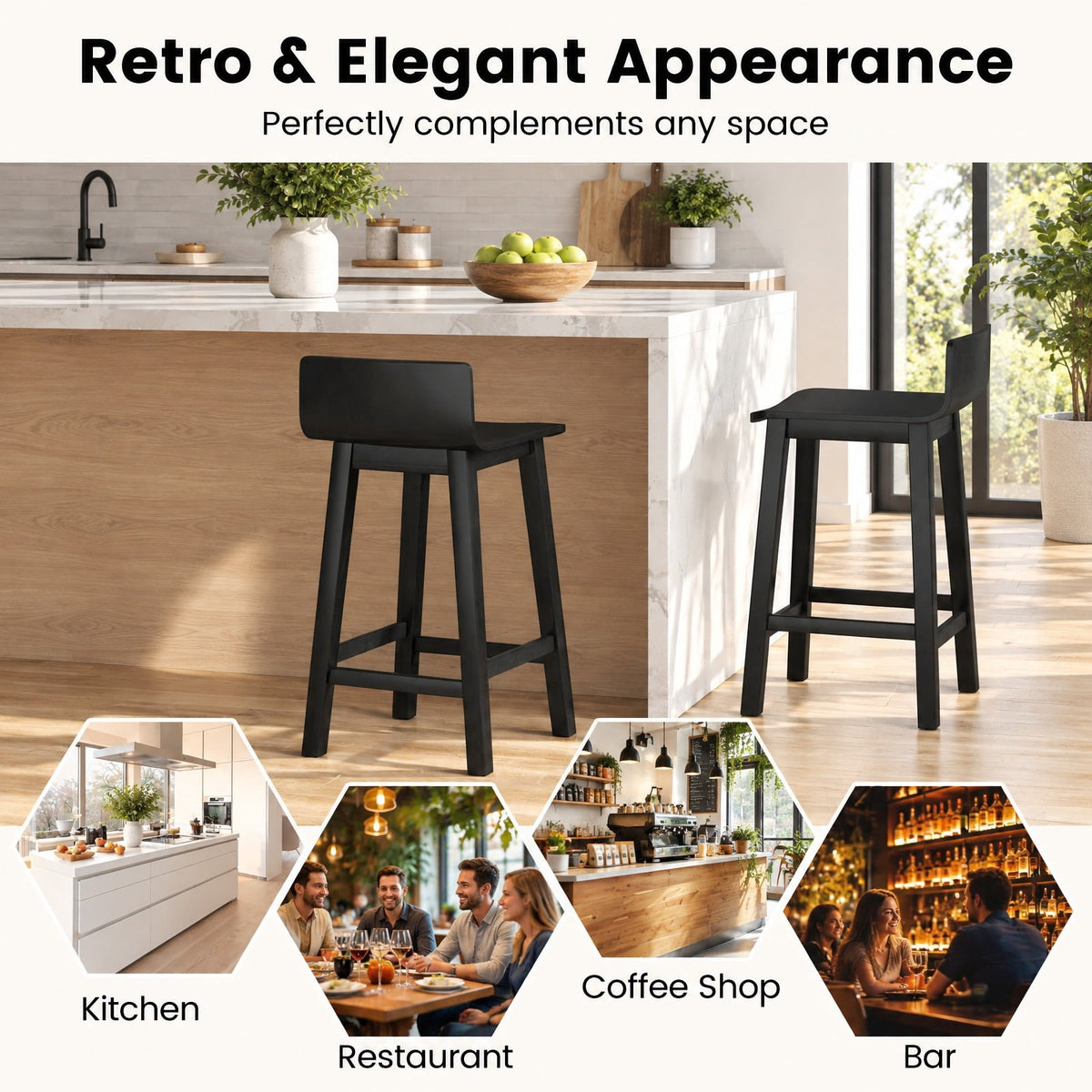 Airfind Wood Bar Stools Set of 2 with Solid Back and Seat, Black, Ergonomically designed backrest fits your body curve, for Everyday Home Use