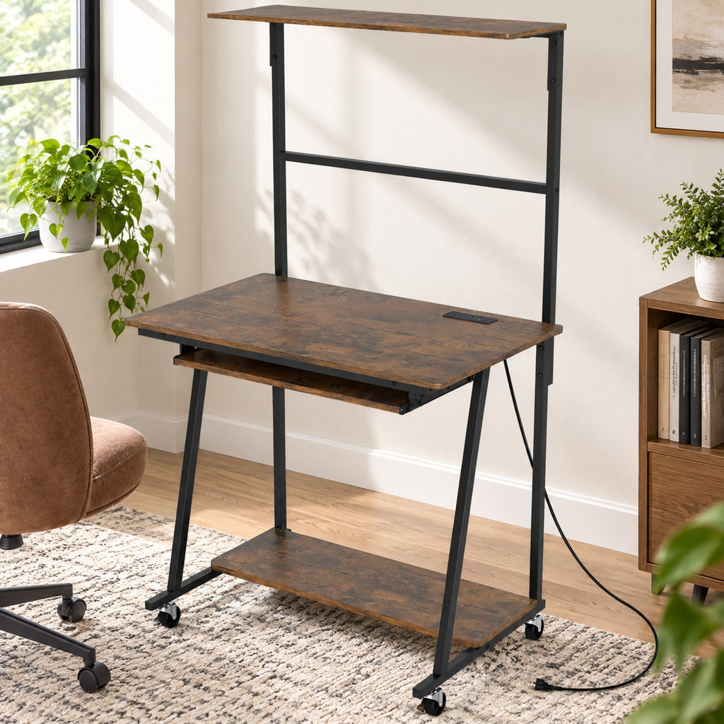 Airfind Small Computer Desk with Charging Station and LED Lights and Wheels, 165 lbs Capacity, Metal Engineered Wood Frame, Brown