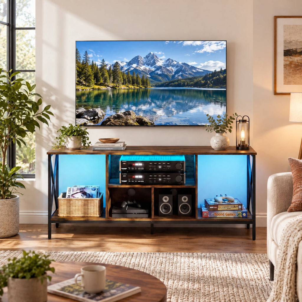 Airfind TV Stand with LED Lights for 65 Inch TV Entertainment Center with Power Outlets, 132 lbs Capacity, Metal Engineered Wood MDF Frame, Brown
