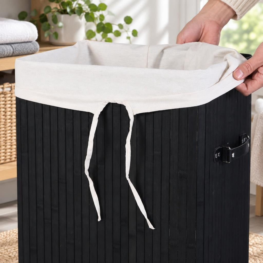 Airfind Rectangle Bamboo Hamper Laundry Basket Washing Cloth Bin Storage Bag Lid 3 color, Bamboo and polyester cotton Frame, Black