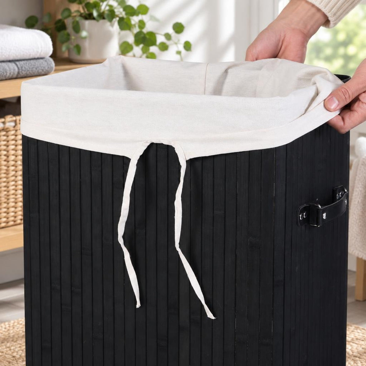 Airfind Rectangle Bamboo Hamper Laundry Basket Washing Cloth Bin Storage Bag Lid 3 color, Bamboo and polyester cotton Frame, Black