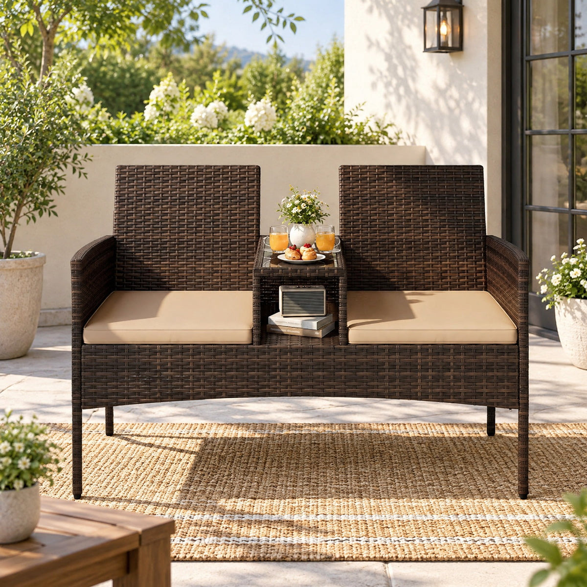 Airfind Patio Loveseat Wicker 2-Seat Conversation Set with Built-in Coffee Table, 800 lbsWeight Capacity, PE Frame, 47.5 x 23 x 33 Footprint