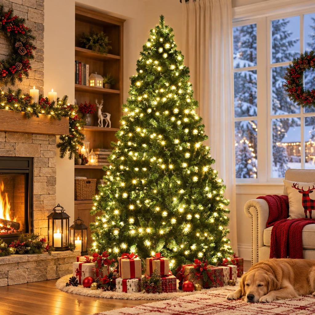 Airfind 8 Feet PVC Artificial Christmas Tree with LED Lights-8 ft, PVC iron Frame, 4.3 x 7.5 H Footprint, Green