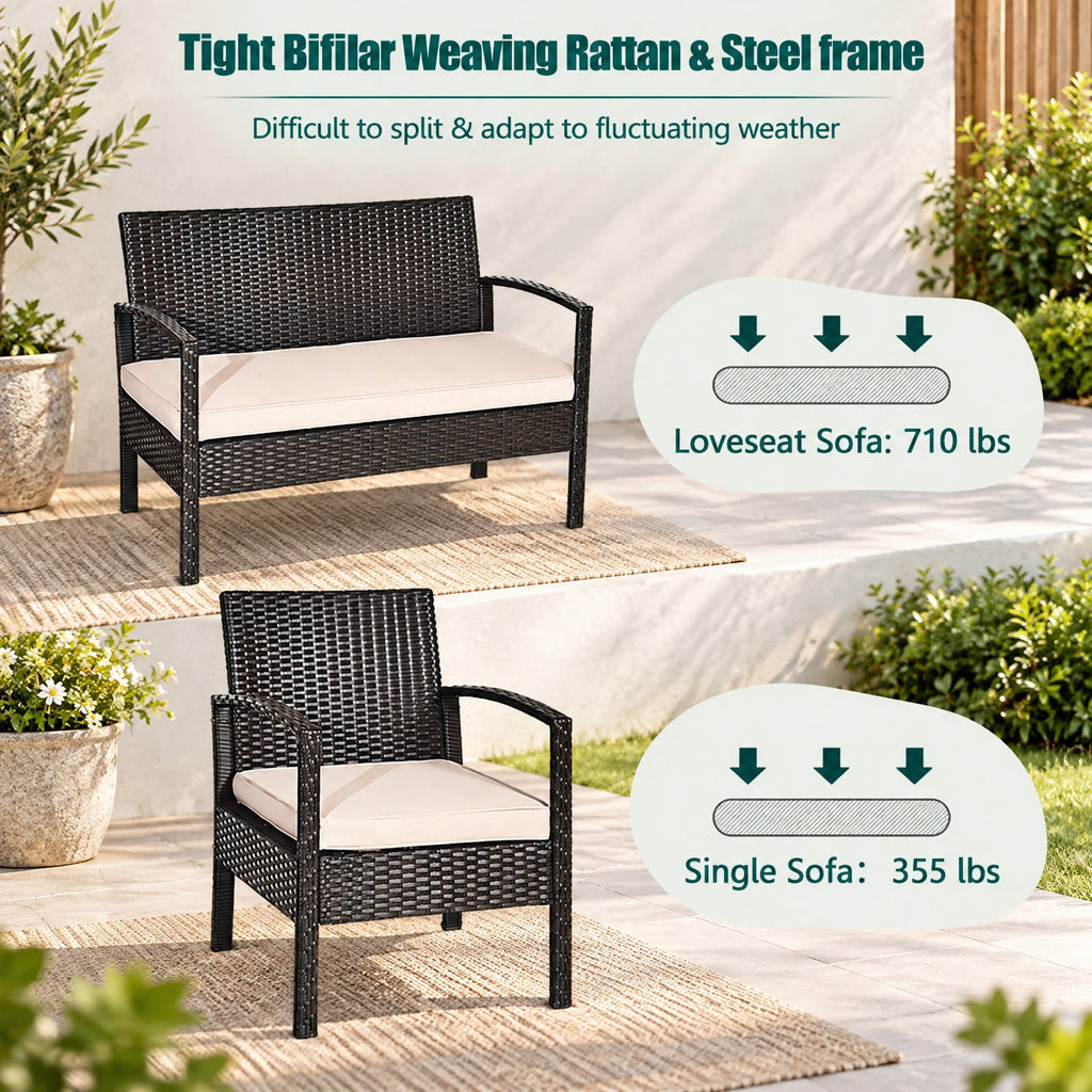 Airfind 4 Pieces Patio Rattan Conversation Set with Loveseat Sofas and Coffee Table, 710 lbs Capacity, PE Rattan Frame, Coffee