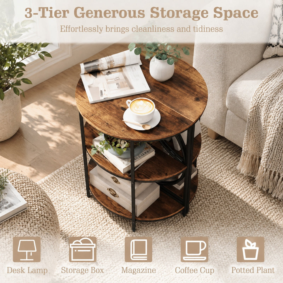 Airfind 3, Tier Half Round End Table with Study Metal Frame for Living Room, Rustic Brown, Smooth rounded edges ensure reliable safety during use