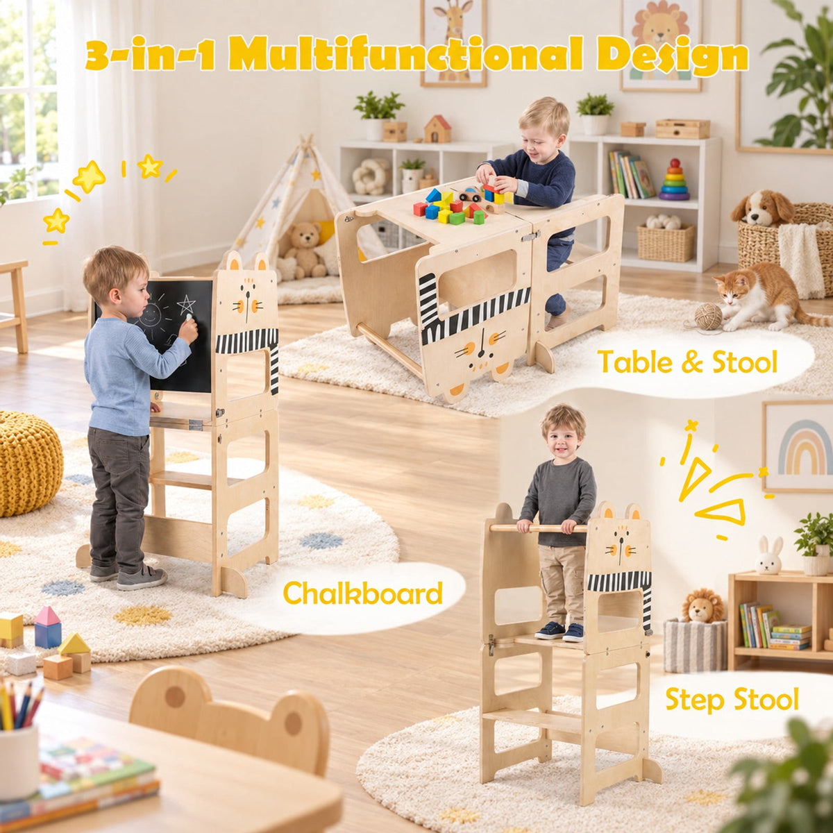Airfind 3-in-1 Wooden Kids Toddler Kitchen Step Stool with Blackboard-BlackWhite, 110 lbs Capacity, Poplar Wood Frame, for 18+ months, Black