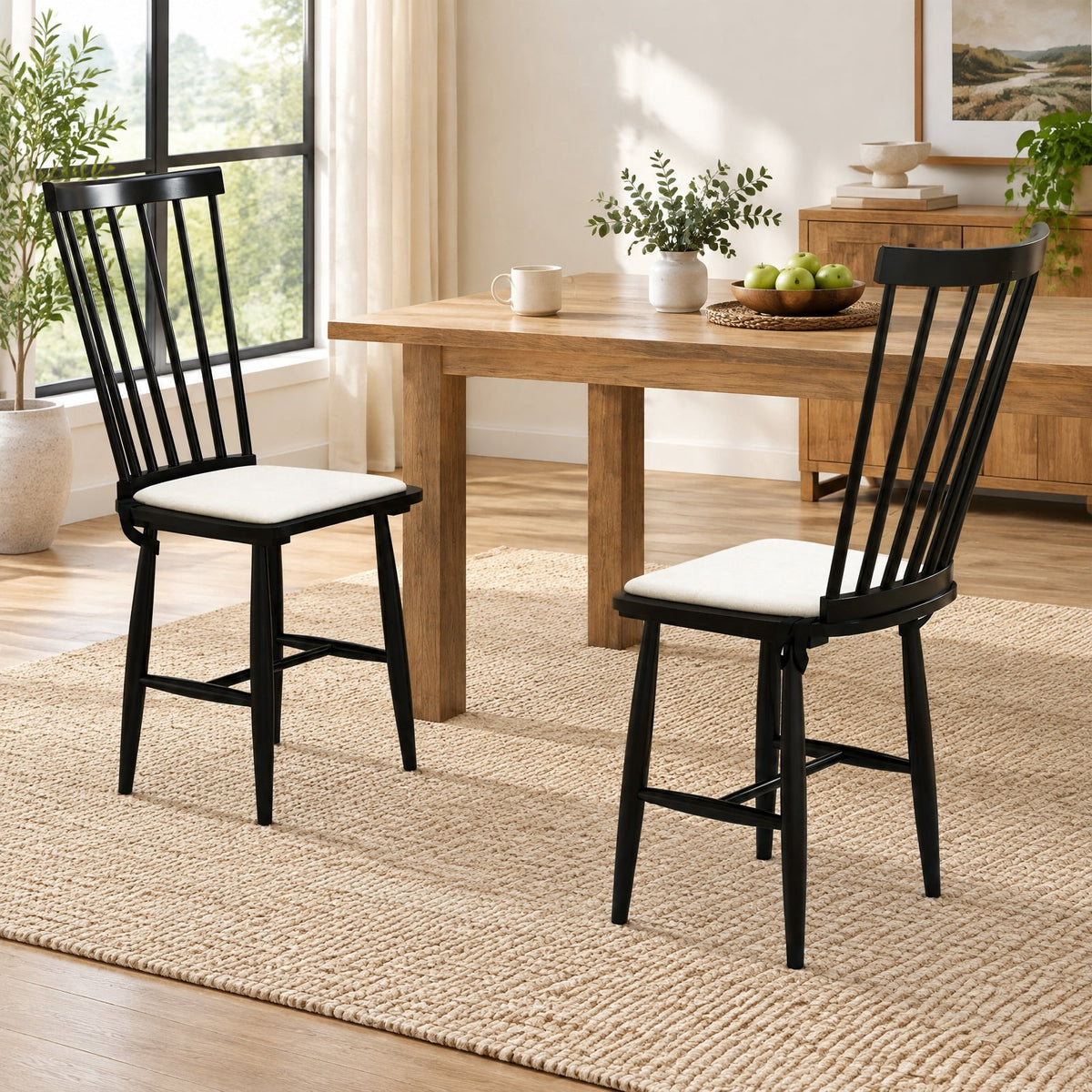 Airfind Dining Chairs Set of 2 Farmhouse Solid Rubber Wood Windsor Chairs with Removable Seat Cushions, 420 lbs Capacity, Black
