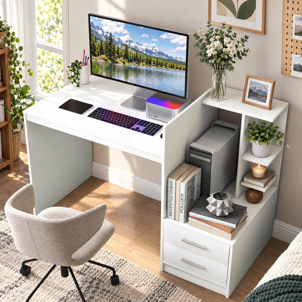 Airfind Computer Desk Home Office with Bookshelf and Drawers, 110 lbs Capacity, MDF Frame, 51 x 24 x 35.5 Footprint, White