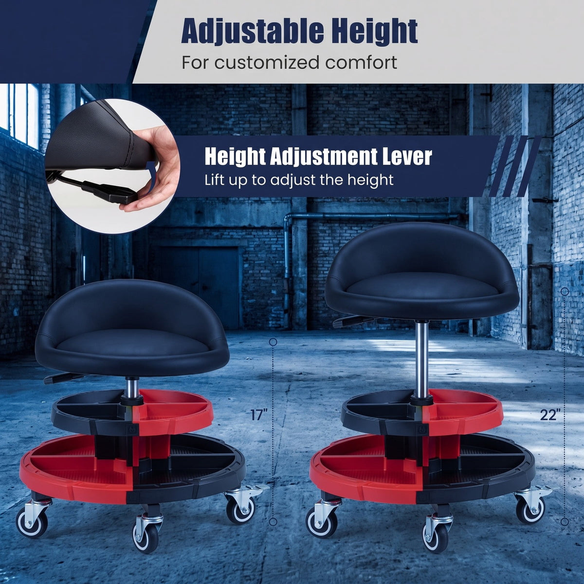 Airfind 360° Rolling Mechanic Stool with 2 Tool Storage Trays, 330 lbs Capacity, Metal Frame, 21 x 21 x 21.5-26.5 Footprint, Red