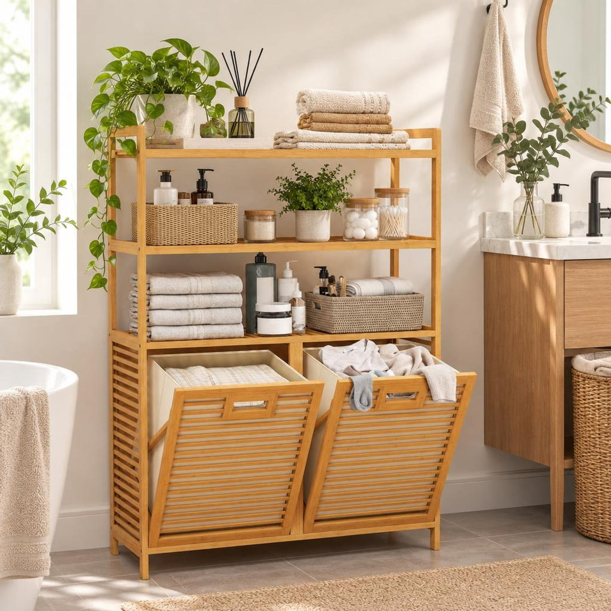 Airfind Double Tilt Out Laundry Hamper with 3 Shelves and 2 Removable Baskets for Dirty Clothes, 220 lbs Capacity, 32in x 12in x 44in Laundry Footprint
