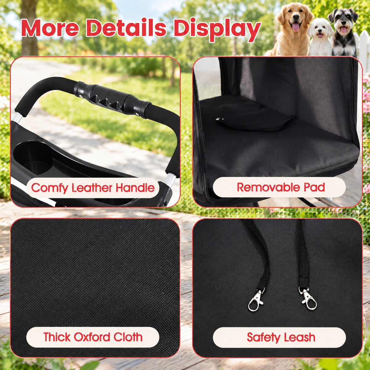 Airfind 3 Wheel Pet Stroller for Small Dogs Cats up to 33 LBS, 33 lbs Capacity, 300D Oxford Cloth Metal Mesh Sponge PU PP Frame, Black