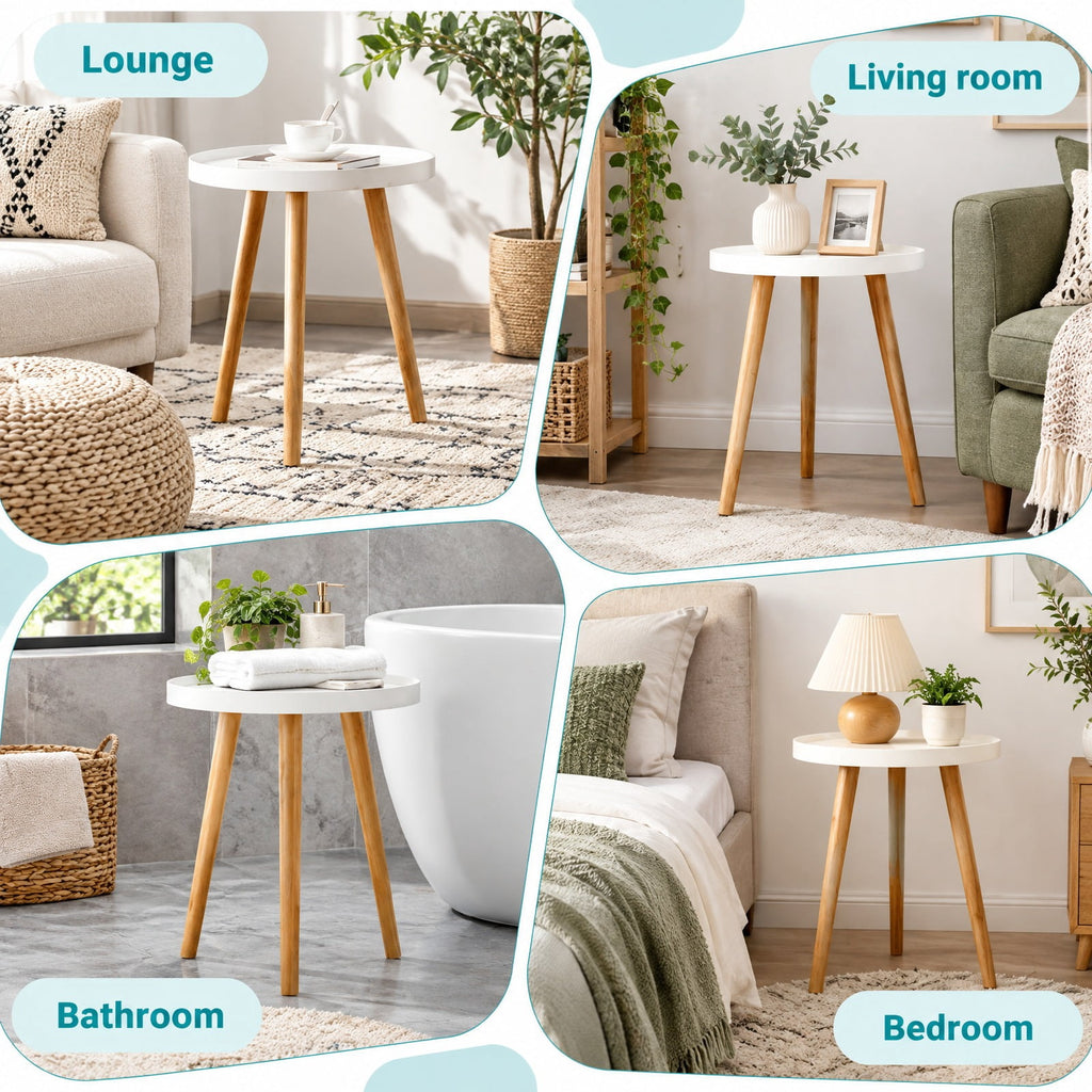 Airfind Round Side Sofa Coffee Table with Wooden Tray, 33 lbs Capacity, MDF panel bamboo feet Frame, White