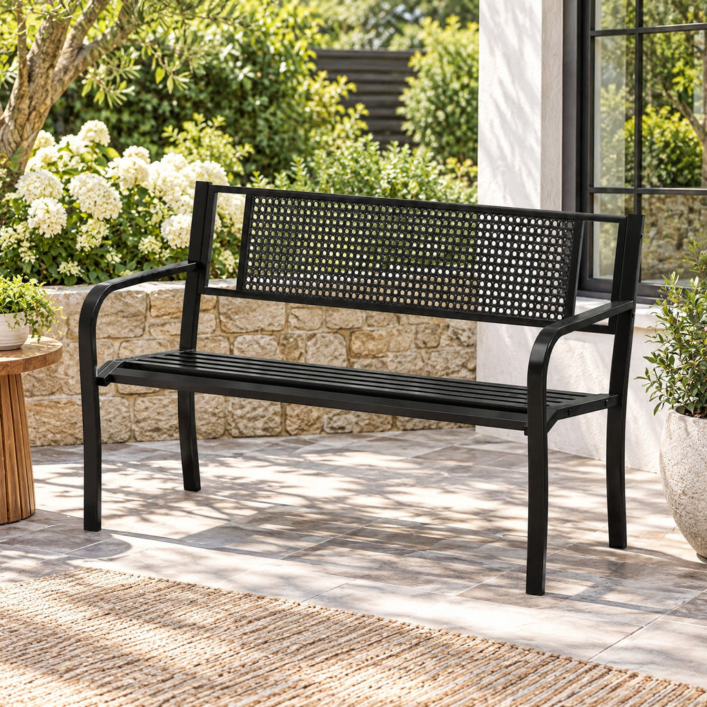 Airfind 50 Inches Garden Bench with Patterned Backrest and Curved Armrests, 660 lbs Capacity, Metal Frame, 50 × 23 × 32 Footprint, Black
