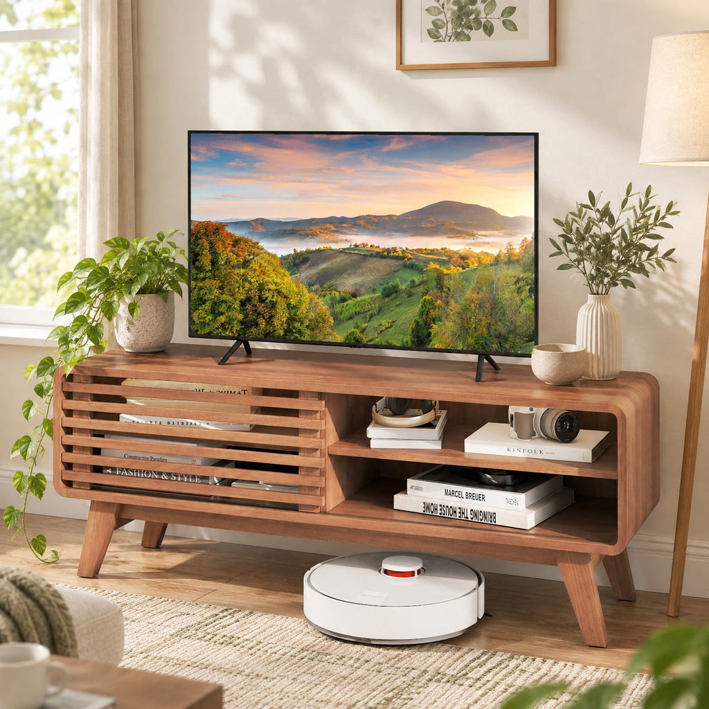 Airfind TV Stand for TVs up to 55 Inch with Sliding Door and Adjustable Shelves for Living Room, 220 Lbs Capacity, Rubber Wood MDF, Brown