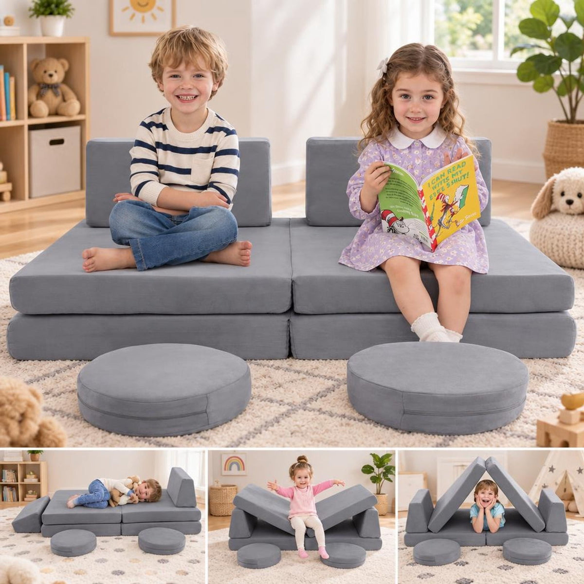 Airfind 6 Pieces Modular Kids Play Couch Set with Washable Covers for Living Room Playroom, 50.5 x 28.5 x 9Circular Block Footprint