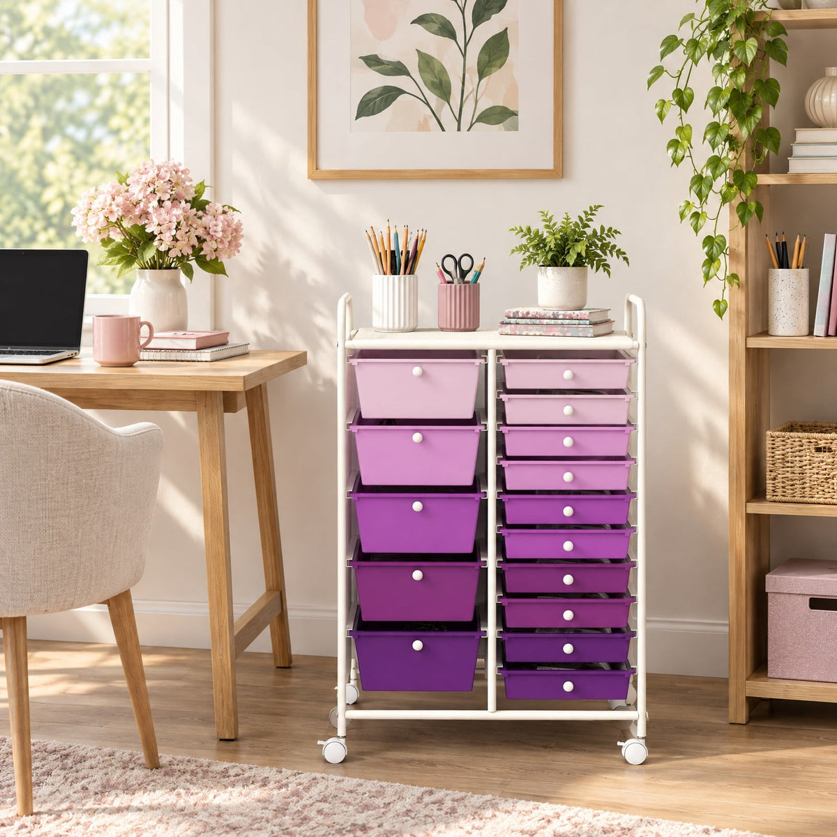 Airfind 15-Drawer Utility Rolling Organizer Cart Multi-Use Storage, Steel frame and plastic boxes Frame, 25 x 14.5 x 34.5 Footprint, Purple