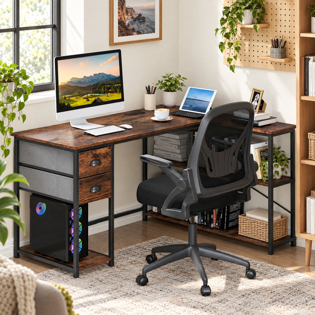 Airfind L Shaped Desk with Charging Station Corner Computer Desk with 2 Fabric Drawers, 110 lbs Capacity, Engineered Wood Metal Fabric Frame, Brown