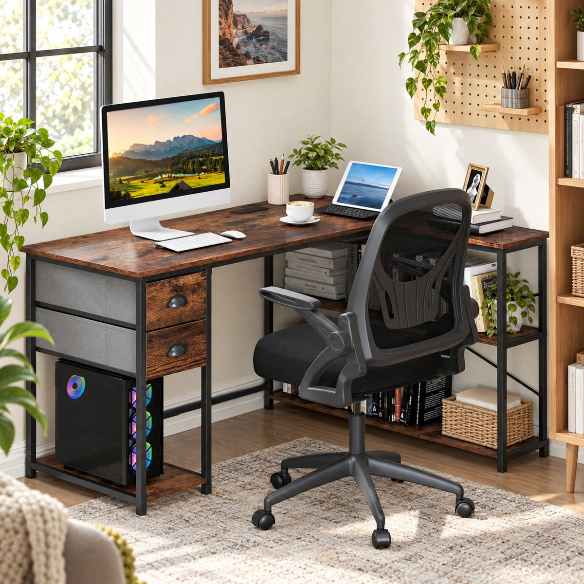 Airfind L Shaped Desk with Charging Station Corner Computer Desk with 2 Fabric Drawers, 110 lbs Capacity, Engineered Wood Metal Fabric Frame, Brown