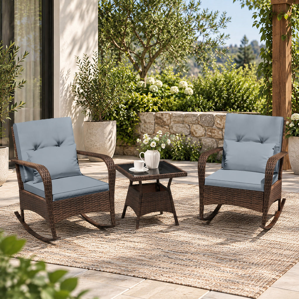 Airfind 3 Piece Outdoor Rocking Set with Tempered Glass Coffee Table for Backyard Poolside, PE Rattan Metal Tempered Glass Polyester Sponge Frame