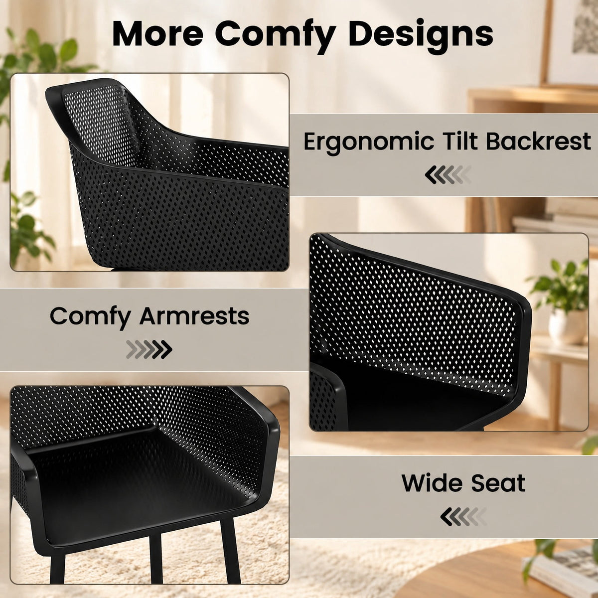 Airfind Modern Plastic Dining Chairs Set of 2 Kitchen Armchairs with Breathable Mesh Backres, 330 Lbs Capacity, PP, Black
