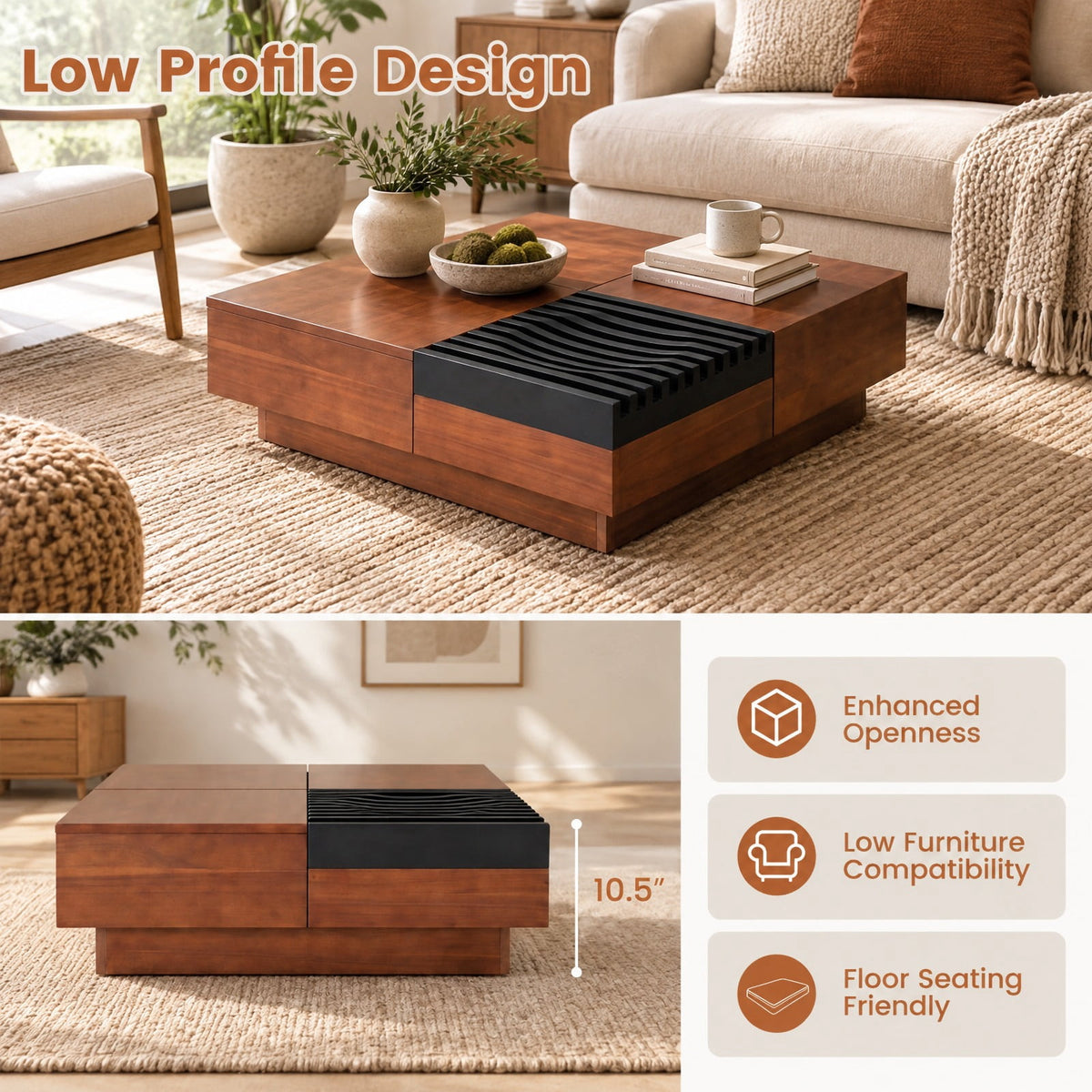 Airfind 32 Square Color-blocking Design Coffee Table with Storage Tray for Living Room, 165 lbs Capacity, Engineered Wood Frame, Walnut