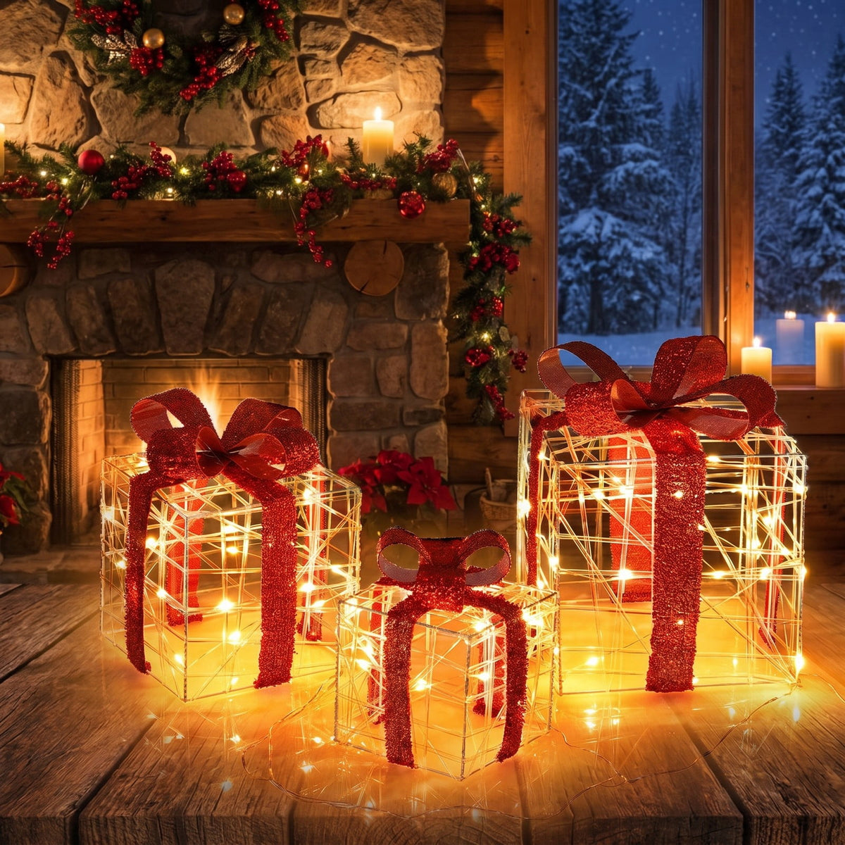 Airfind 3 Pieces Christmas Lighted Gift Boxes Decorations with 60 LED Lights for Indoor and Outdoor, PVC Steel fabric Frame, As picture shows