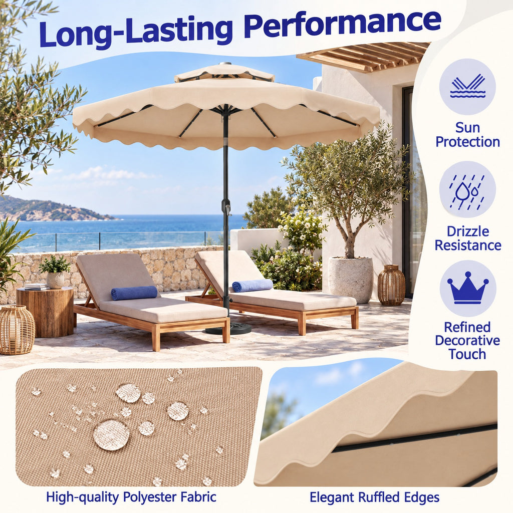 Airfind 9 FT Solar LED Patio Umbrella Push-Button Tilt and Crank 24 LED Lights and 8 Ribs, Polyester Fabric Metal Frame, 9 x 8.2 ft Footprint, Beige