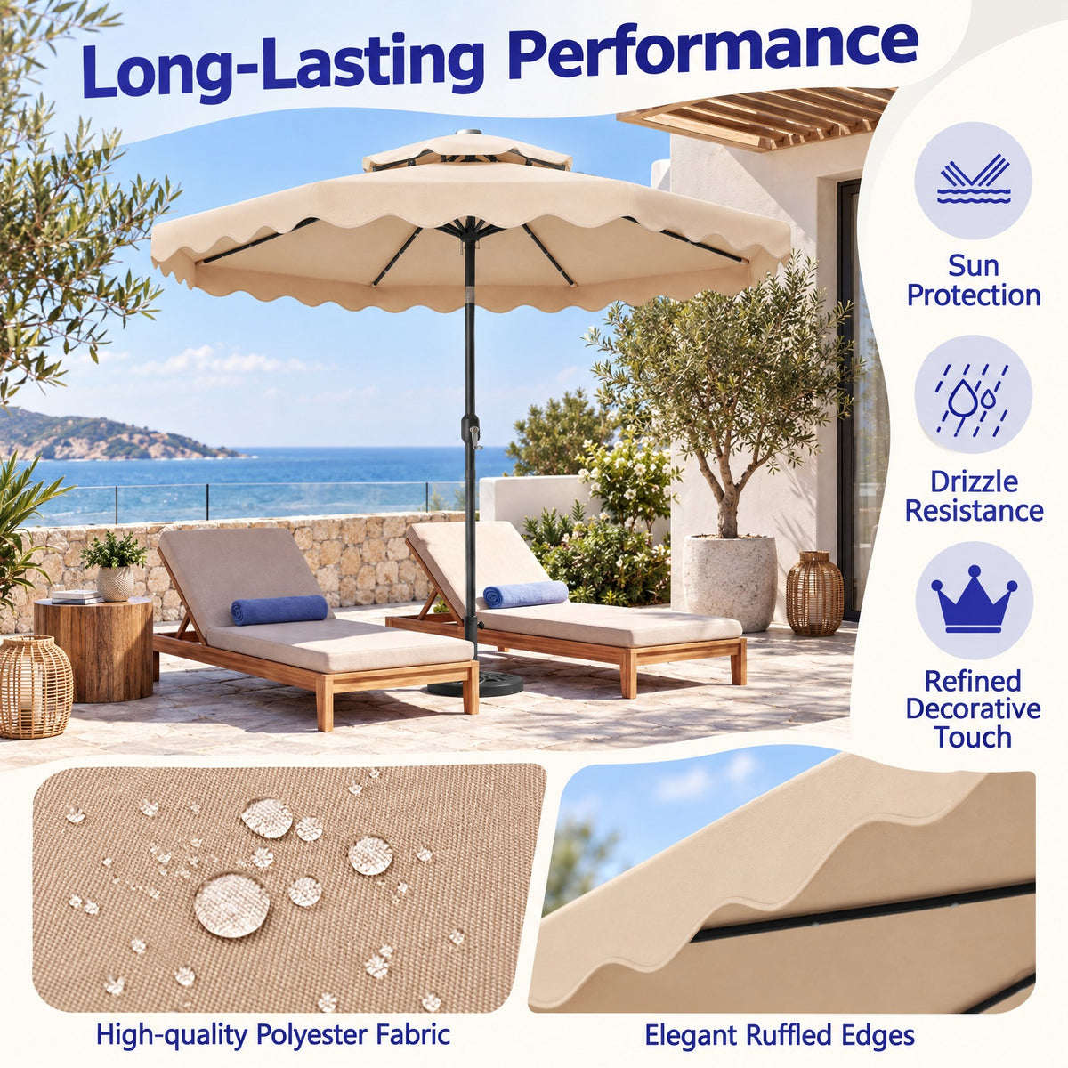 Airfind 9 FT Solar LED Patio Umbrella Push-Button Tilt and Crank 24 LED Lights and 8 Ribs, Polyester Fabric Metal Frame, 9 x 8.2 ft Footprint, Beige