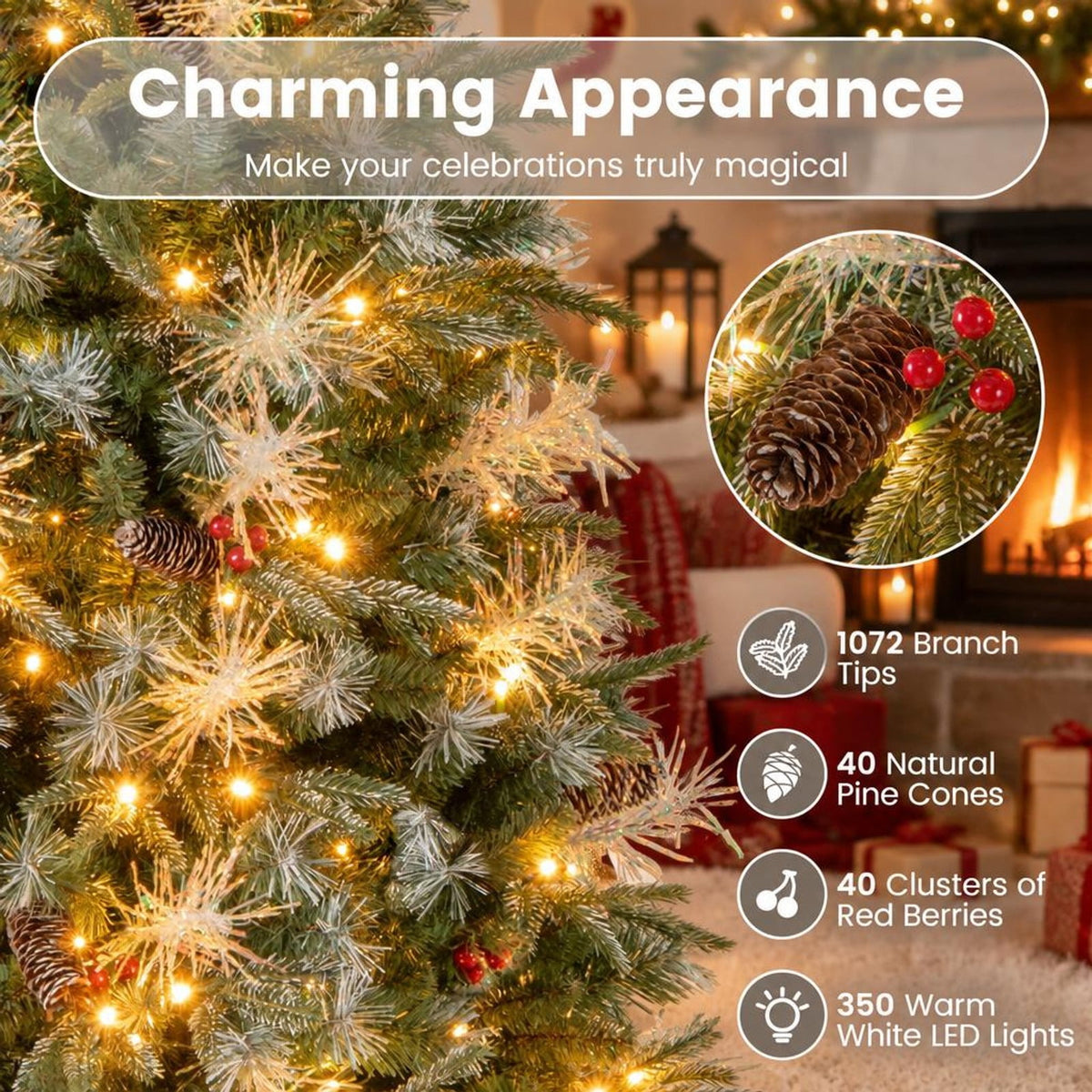 Airfind 7 Feet Pre-Lit Artificial Christmas Tree with 8 Modes LED Lights with Berries, PVC PE PET Metal 5 Feet Frame, 3 x 5 ft Footprint, Green