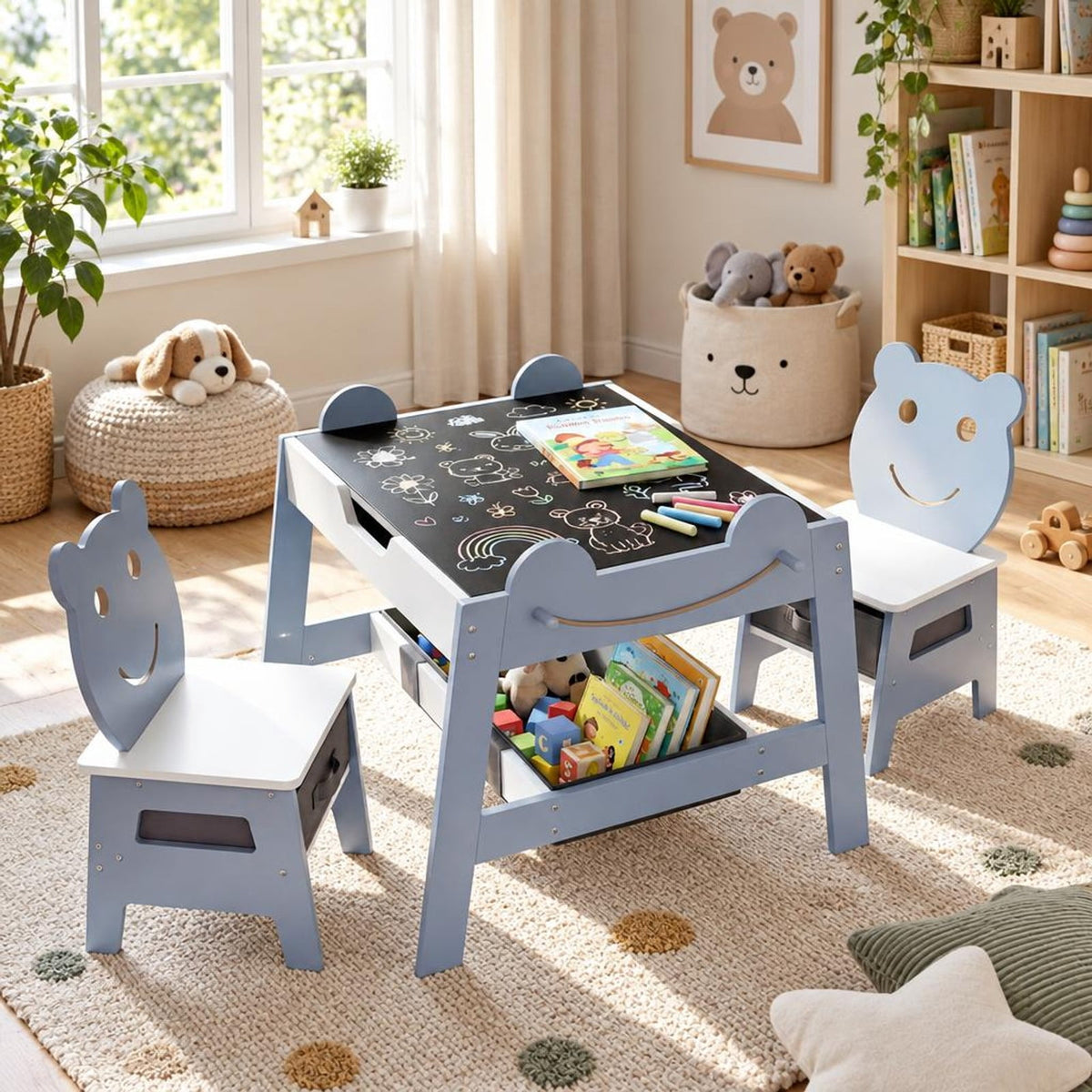Airfind 5-in-1 Toddler Table and 2 Chairs Cute Art Desk Set with Reversible Chalkboard Whiteboard, 110 lbs Capacity, MDF Non-woven Fabric Frame