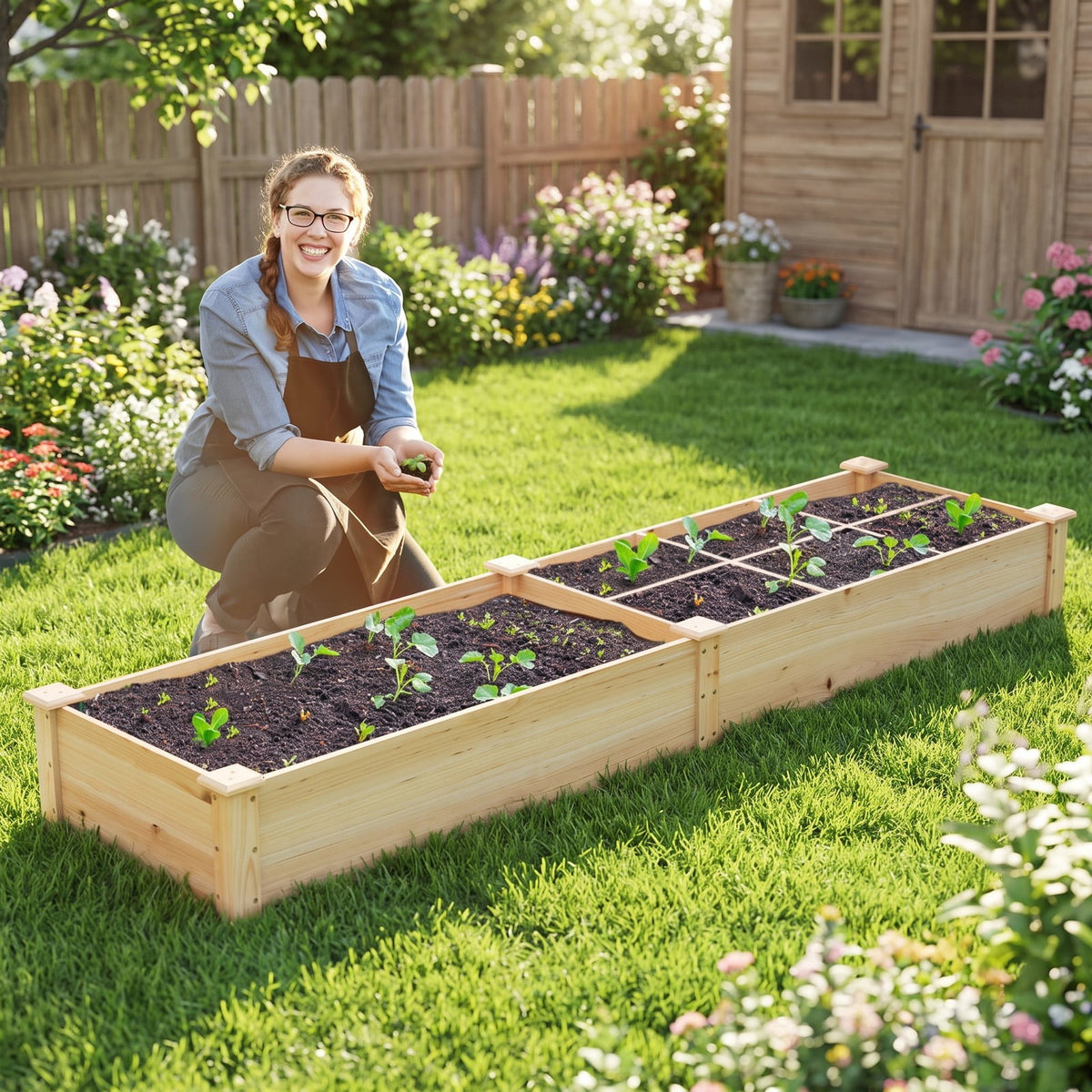 Airfind Wooden Raised Garden Bed with 2 Planter Boxes and Dividers, Fir Wood Frame, 90 x 25 x 10 (L x W x H) Interior Footprint, Natural