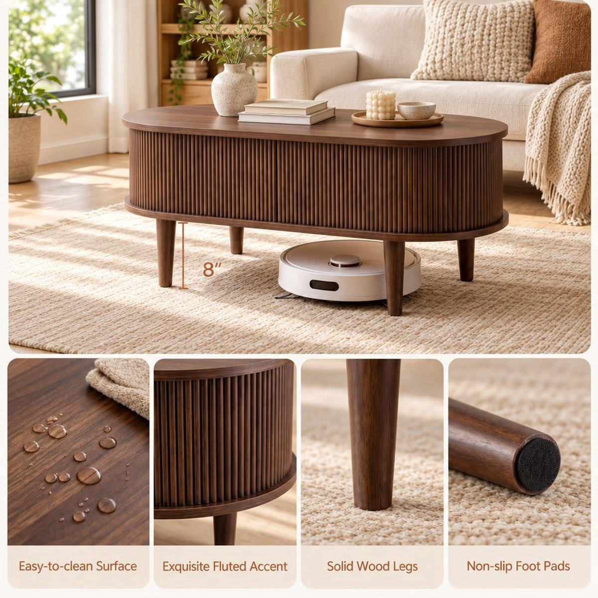 Airfind 43.5 Inch Oval Lift Top Coffee Table with Storage and Fluted Design for Living Room, 200 lbs Capacity, Engineered Wood Solid Wood Frame, Walnut