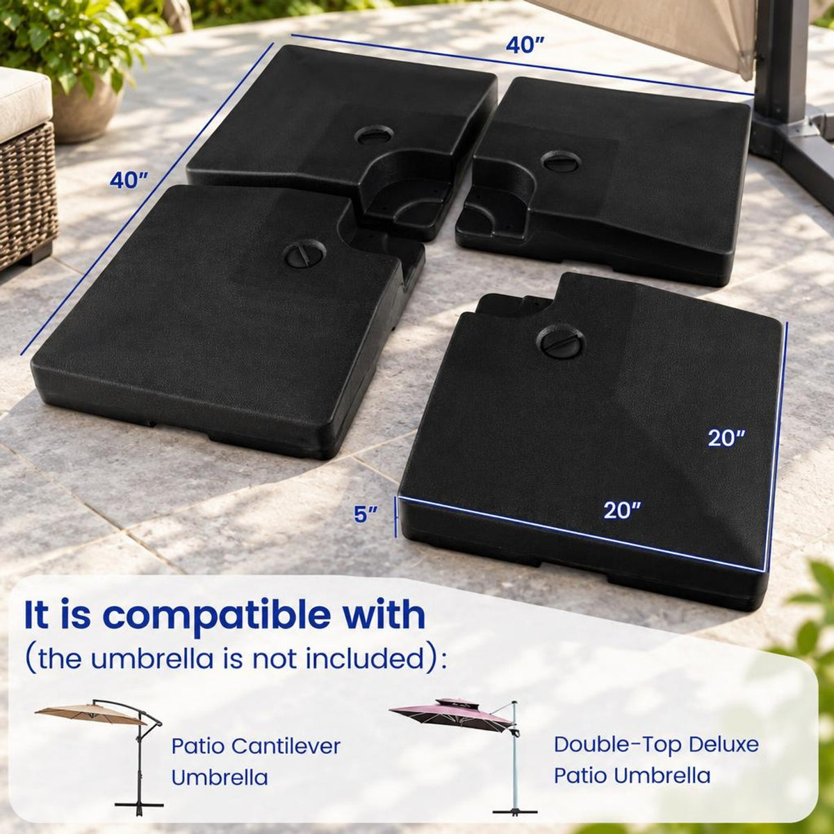Airfind 4-Piece 20L Cantilever Offset Patio Umbrella Base, Providing 200 lbs large water filling capacity, Each plates can be stacked up to save space