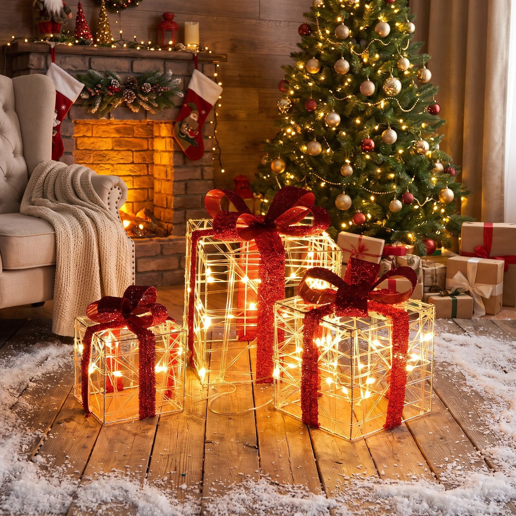 Airfind 3 Pieces Christmas Lighted Gift Boxes Decorations with 60 LED Lights for Indoor and Outdoor, PVC Steel fabric Frame, As picture shows