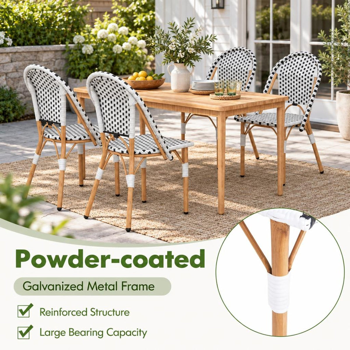 Airfind French Bistro Chair Set of 2 with Galvanized Metal Framex, 330 lbs Net Weight of 2 Chairs: 24.5 lbs Capacity, White