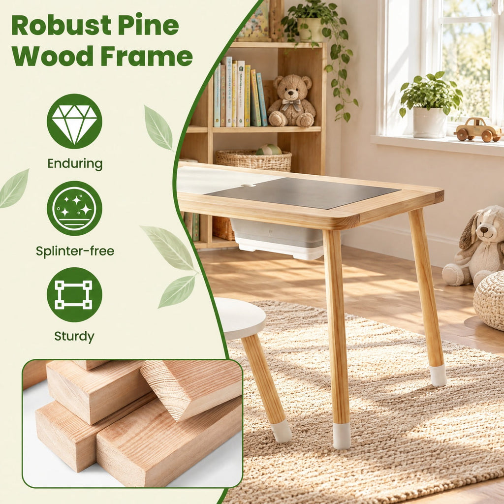 Airfind Wooden Kids Activity Table Set with Double-Sided Boards, 200 lbs Capacity, Pine Wood MDF Frame, 32 x 23 x 19.5 Footprint, Natural