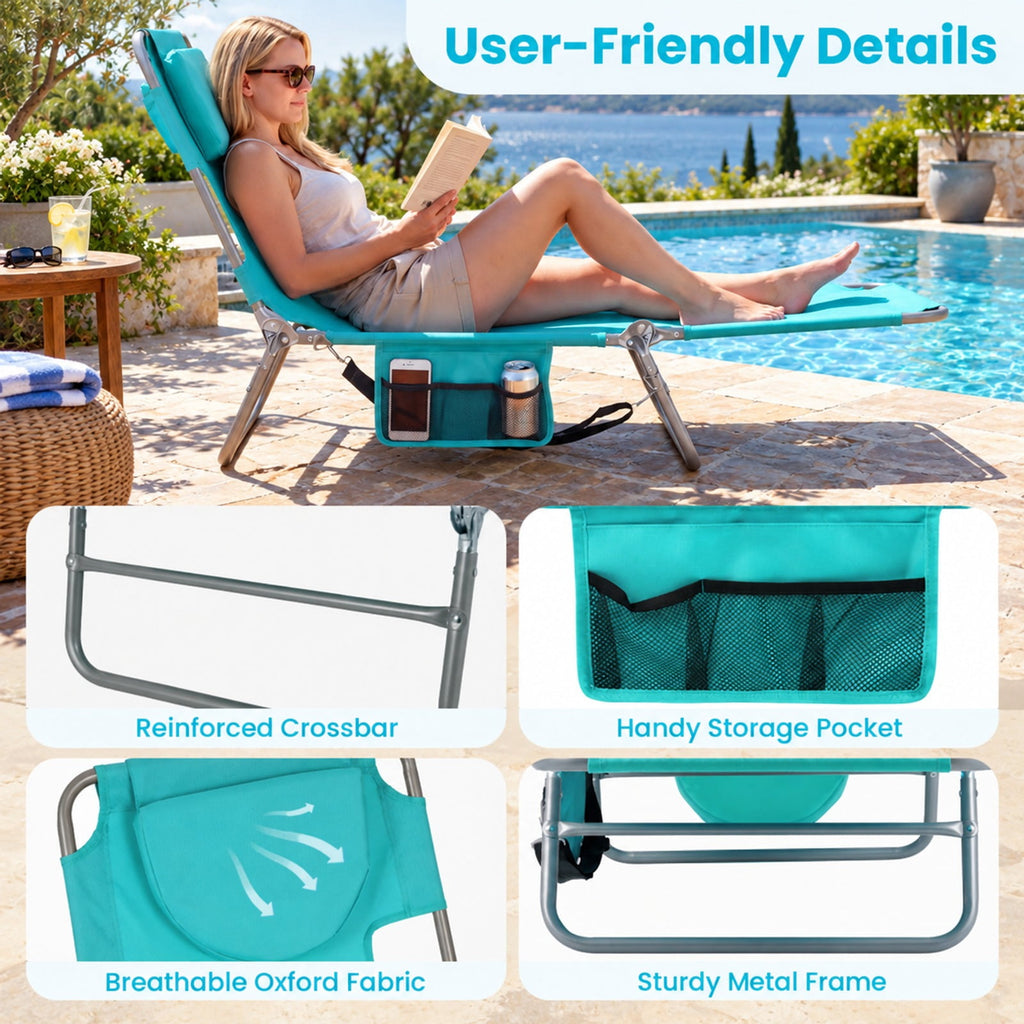 Airfind Folding Beach Lounge Chair with Adjustable Backrest for Lawn, 330 lbs Capacity, Metal Oxford Fabric Polyester Sponge Frame, Light Green