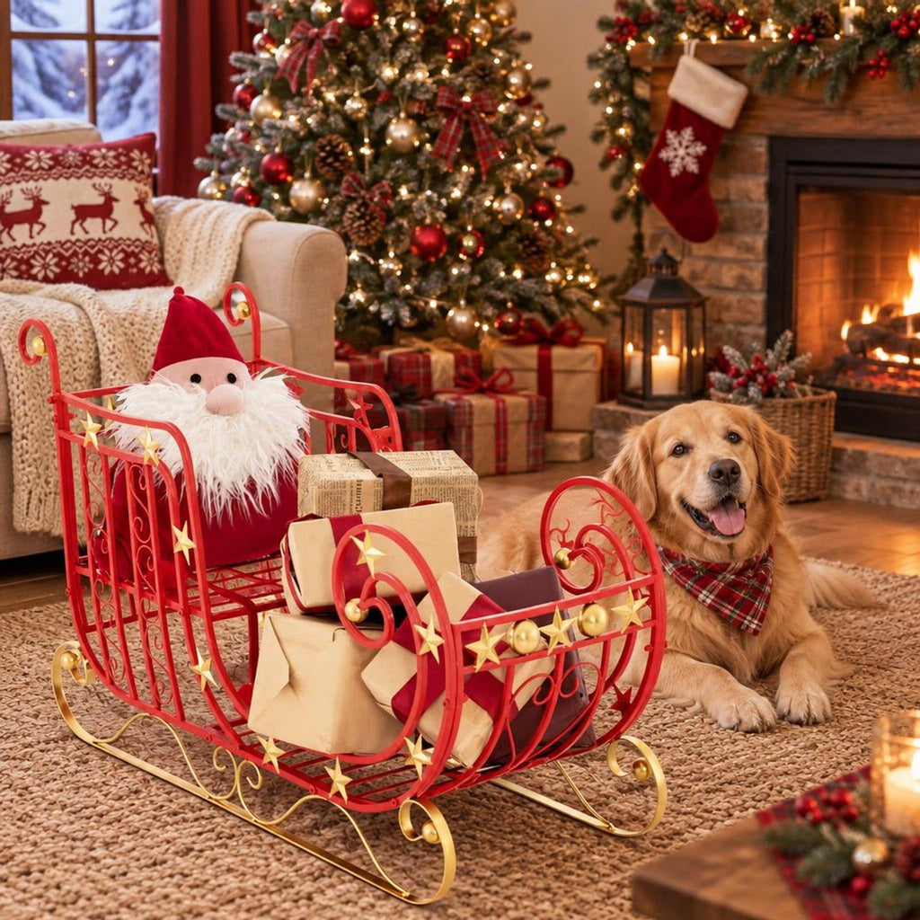 Airfind Metal Christmas Santa Sleigh with Large Cargo Area for Gifts, Metal Frame, 39 Inch x 14 Inch x 24 Inch Footprint, Red + Golden