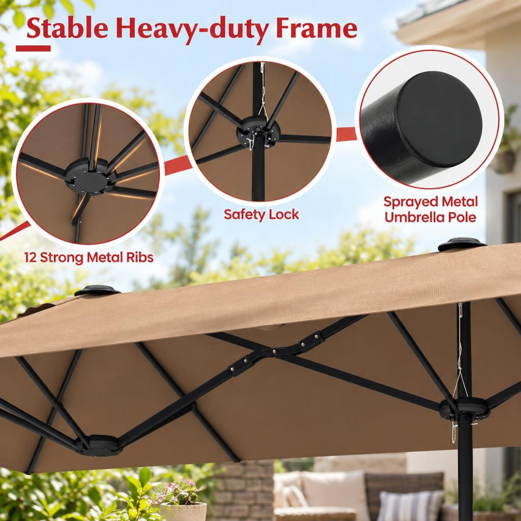 Airfind 13FT Double-sided Patio Twin Table Umbrella with Crank Handle, Metal 180g Yarn Dyed Fabric PA Coating Frame, Tan